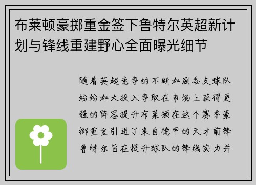 布莱顿豪掷重金签下鲁特尔英超新计划与锋线重建野心全面曝光细节